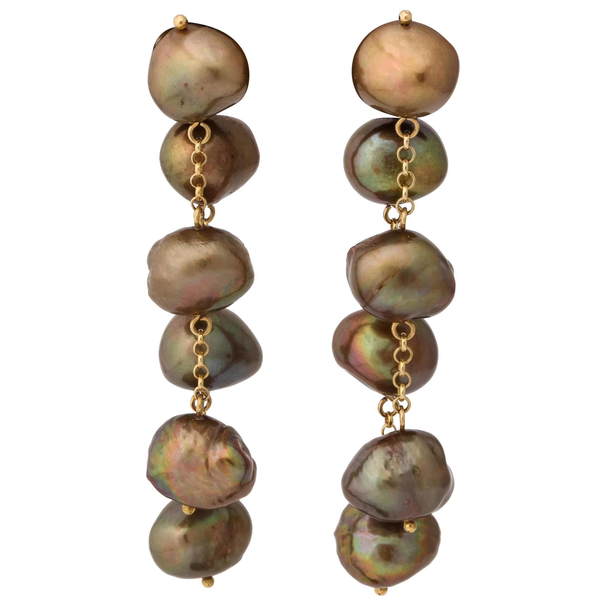 Chocolate Brown Baroque Pearl Dangling Earrings on 18 Karat Yellow Gold Chain