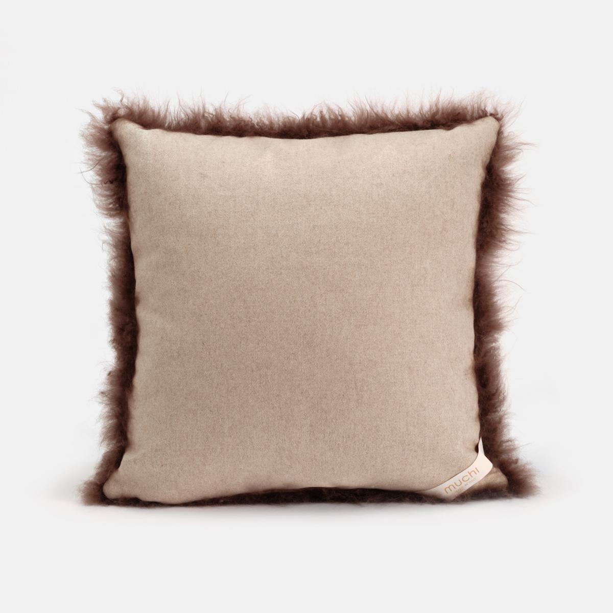 Hand-Crafted Chocolate Brown Cloud White Natural Cashmere Fur Pillow Cushion by Muchi Decor For Sale
