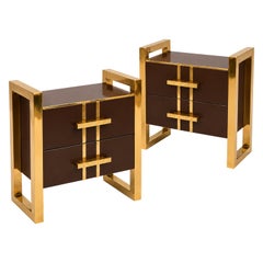 Chocolate Brown Glass Bedside Cabinets with Brass Frames, Pair, Italy
