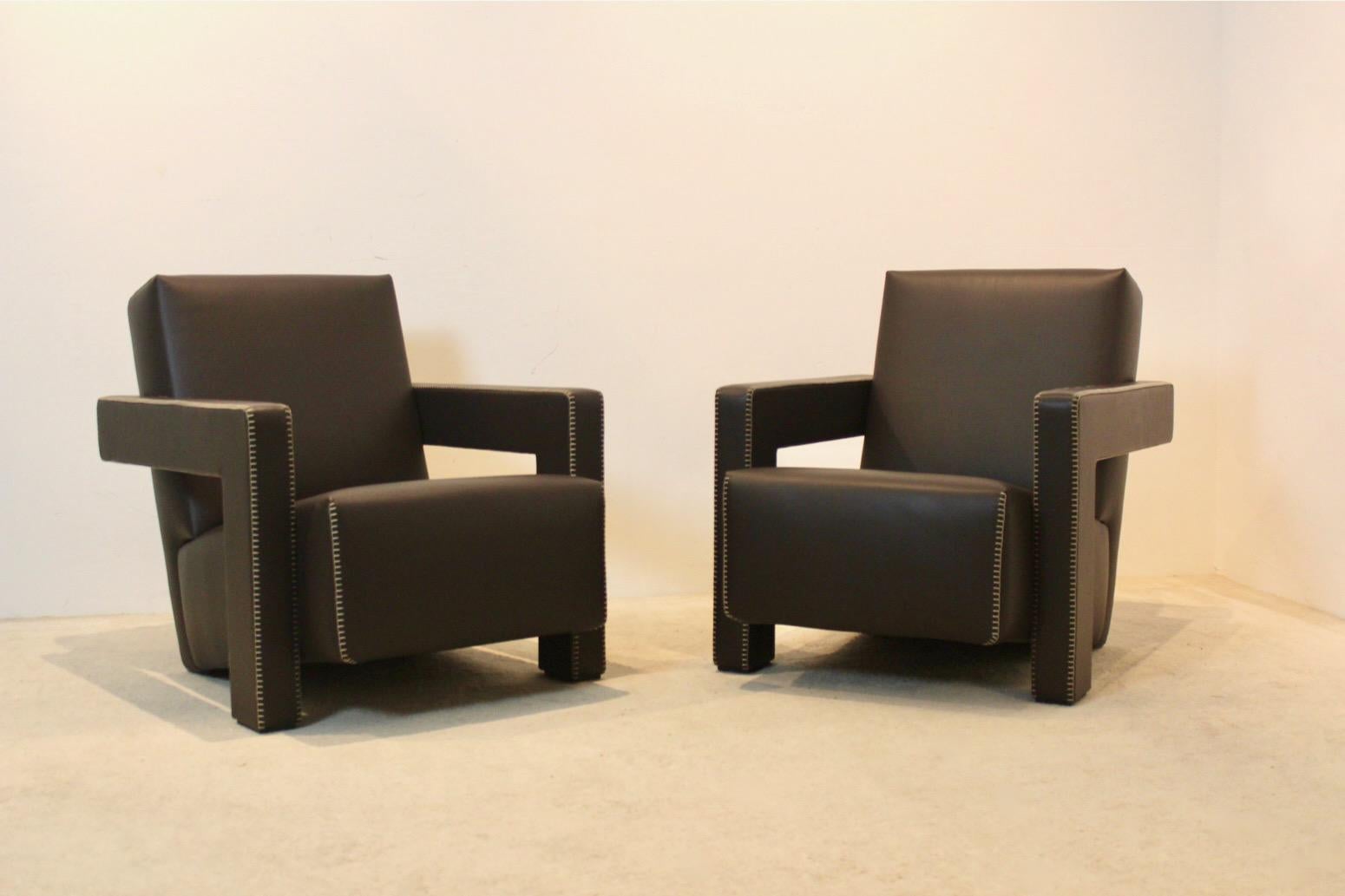 Chocolate Brown Leather ‘Utrecht’ Lounge Chairs by Gerrit Rietveld for Cassina For Sale 4