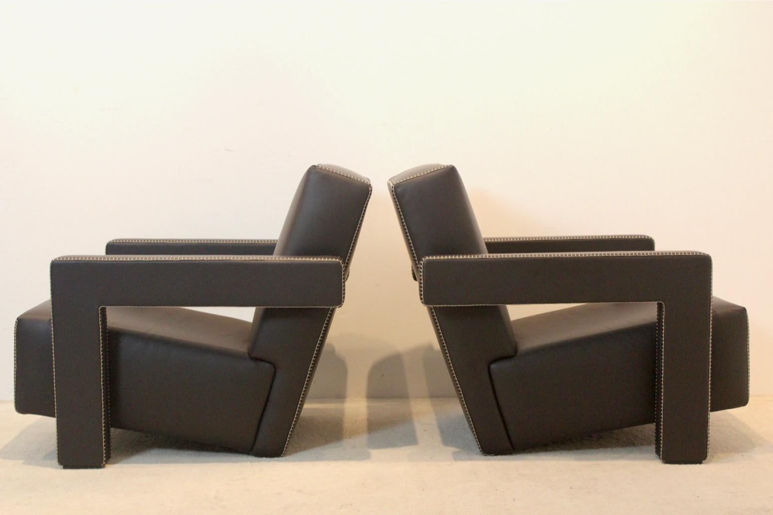 Chocolate Brown Leather ‘Utrecht’ Lounge Chairs by Gerrit Rietveld for Cassina For Sale 9