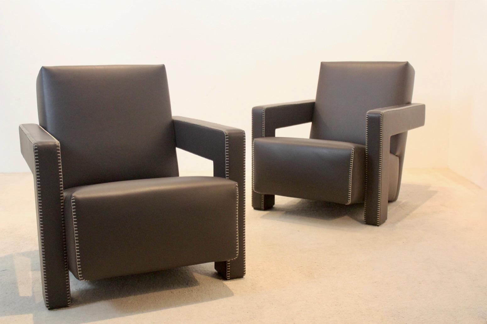 Gerrit Rietveld Chocolate Brown Leather Utrecht armchairs in fantastic condition. Rietveld, Dutch architect with a strong bent for experimentation, and one of the founders, with Mondrian, of the neo-plastic ‘de Stijl’ movement in 1917. Rietveld