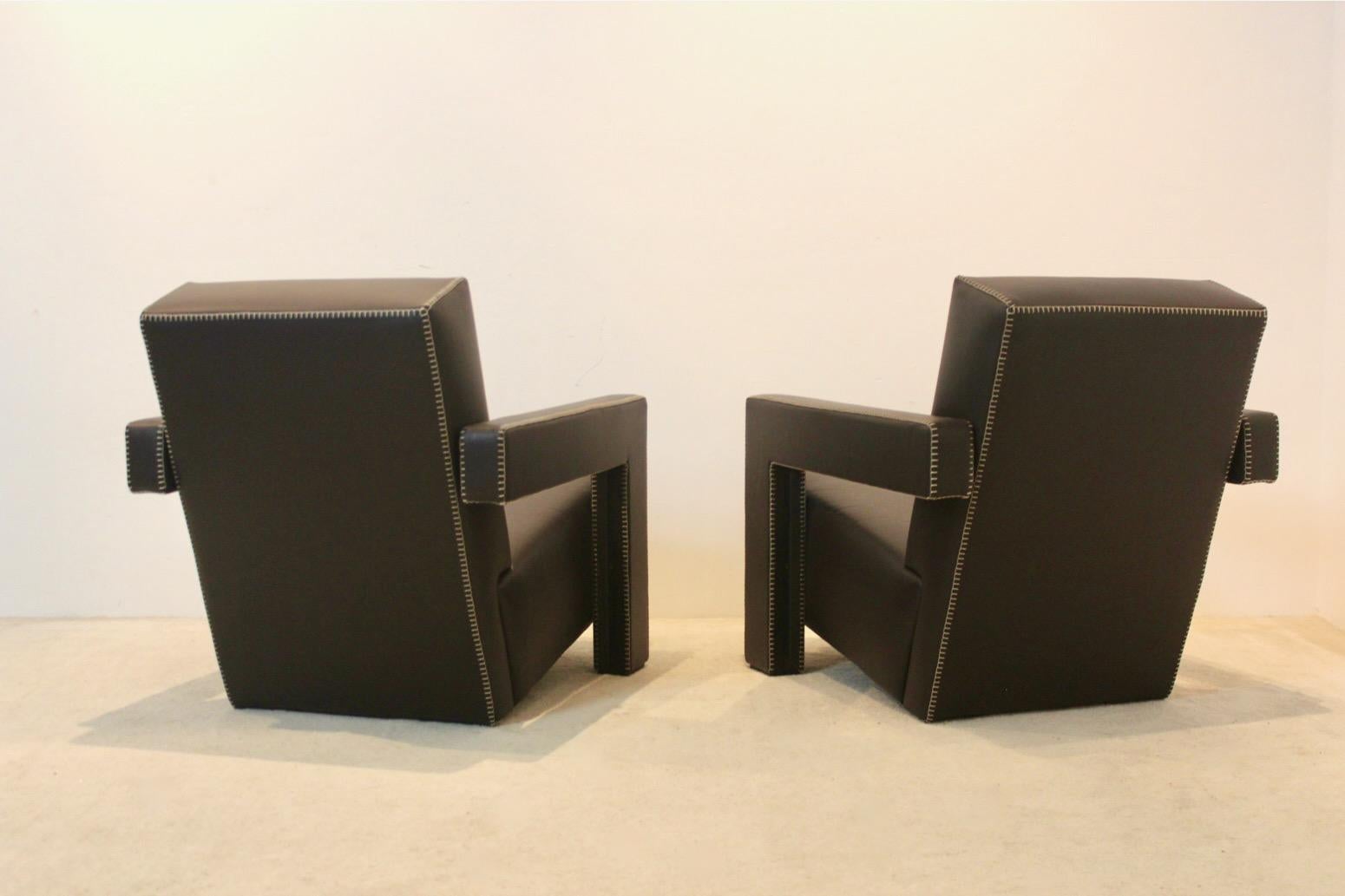 Dutch Chocolate Brown Leather ‘Utrecht’ Lounge Chairs by Gerrit Rietveld for Cassina For Sale