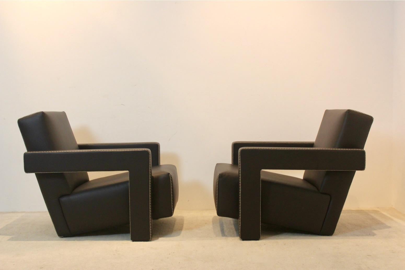 20th Century Chocolate Brown Leather ‘Utrecht’ Lounge Chairs by Gerrit Rietveld for Cassina For Sale