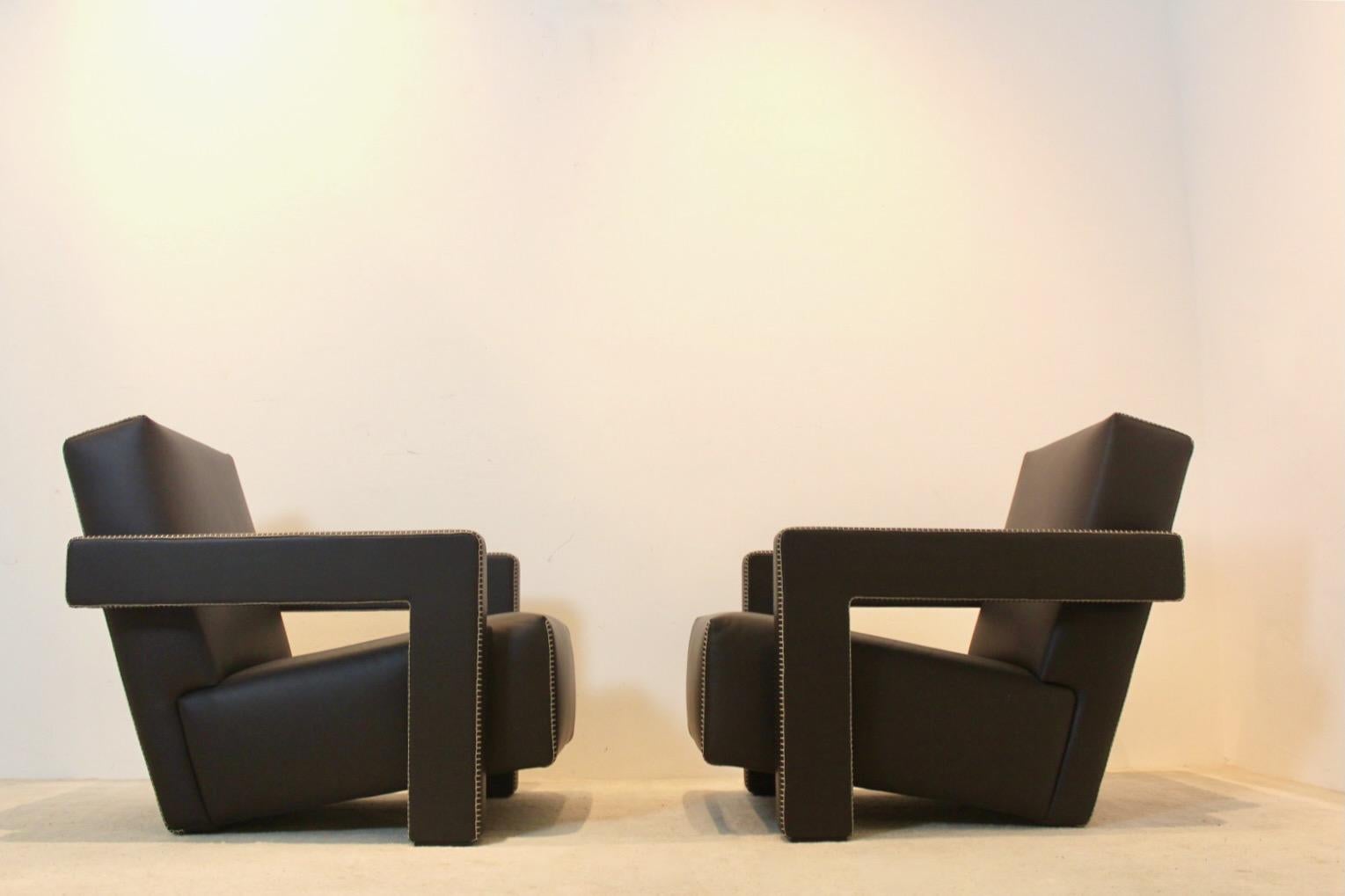 Chocolate Brown Leather ‘Utrecht’ Lounge Chairs by Gerrit Rietveld for Cassina For Sale 1