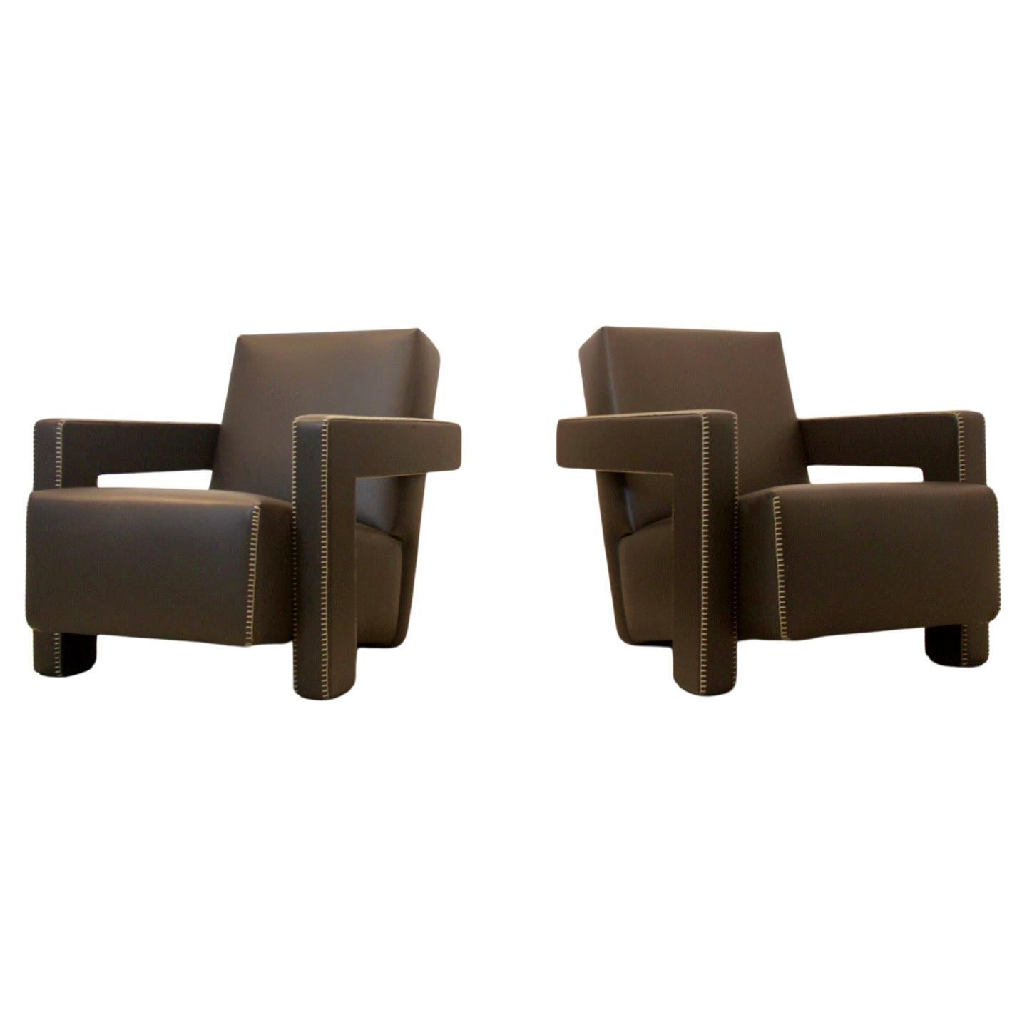 Chocolate Brown Leather ‘Utrecht’ Lounge Chairs by Gerrit Rietveld for Cassina