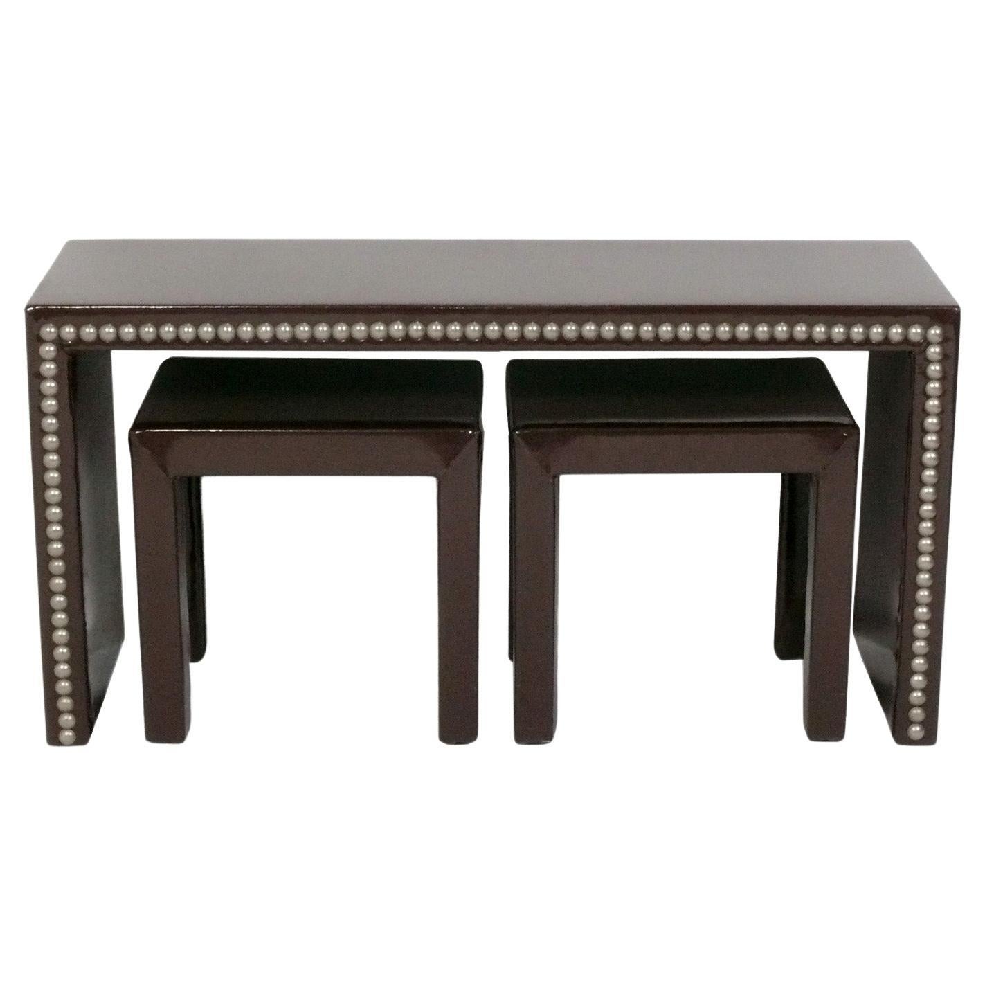Chocolate Brown Patent Leather Console Table and Stools Mid Century Modern 48"w For Sale