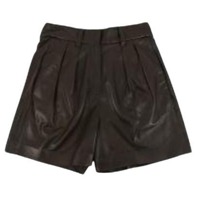 Chocolate brown pleat-front leather shorts For Sale