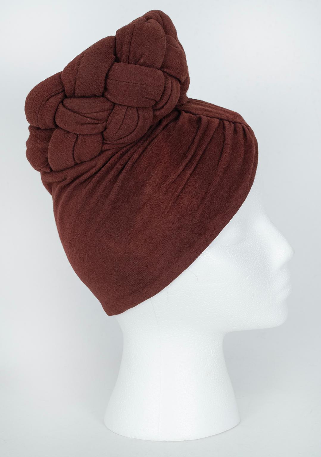 Women's Chocolate Brown Skullcap Statement Turban with Tall Braided Crown – O/S, 1940s