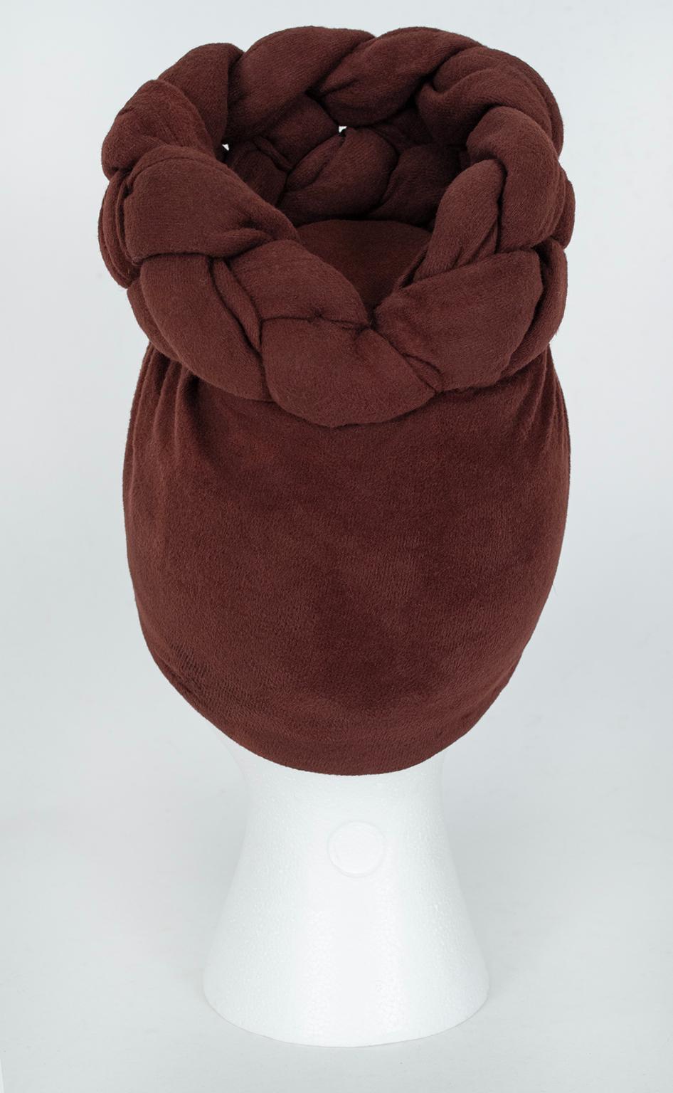 Chocolate Brown Skullcap Statement Turban with Tall Braided Crown – O/S, 1940s 1