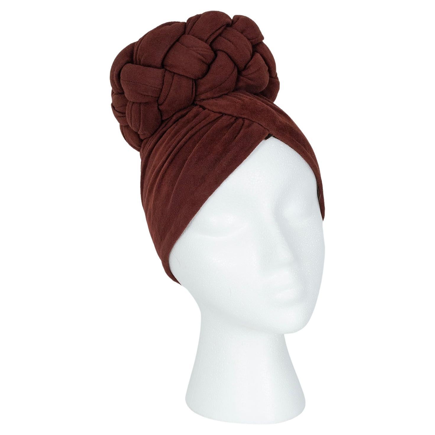 Chocolate Brown Skullcap Statement Turban with Tall Braided Crown – O/S, 1940s