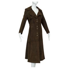 Vintage Chocolate Brown Suede Full-Length Military Princess Trench Coat - S-M, 1970s