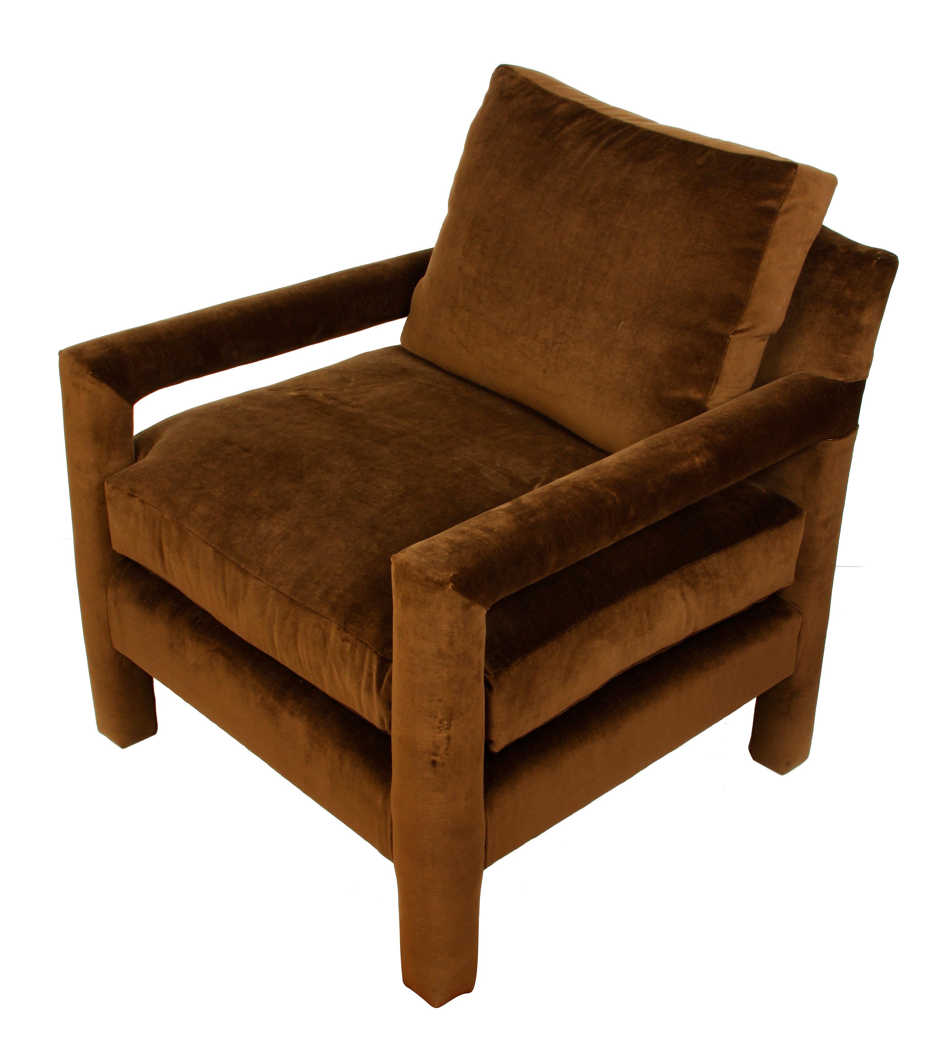Chocolate brown velvet 1960s Parsons chair.