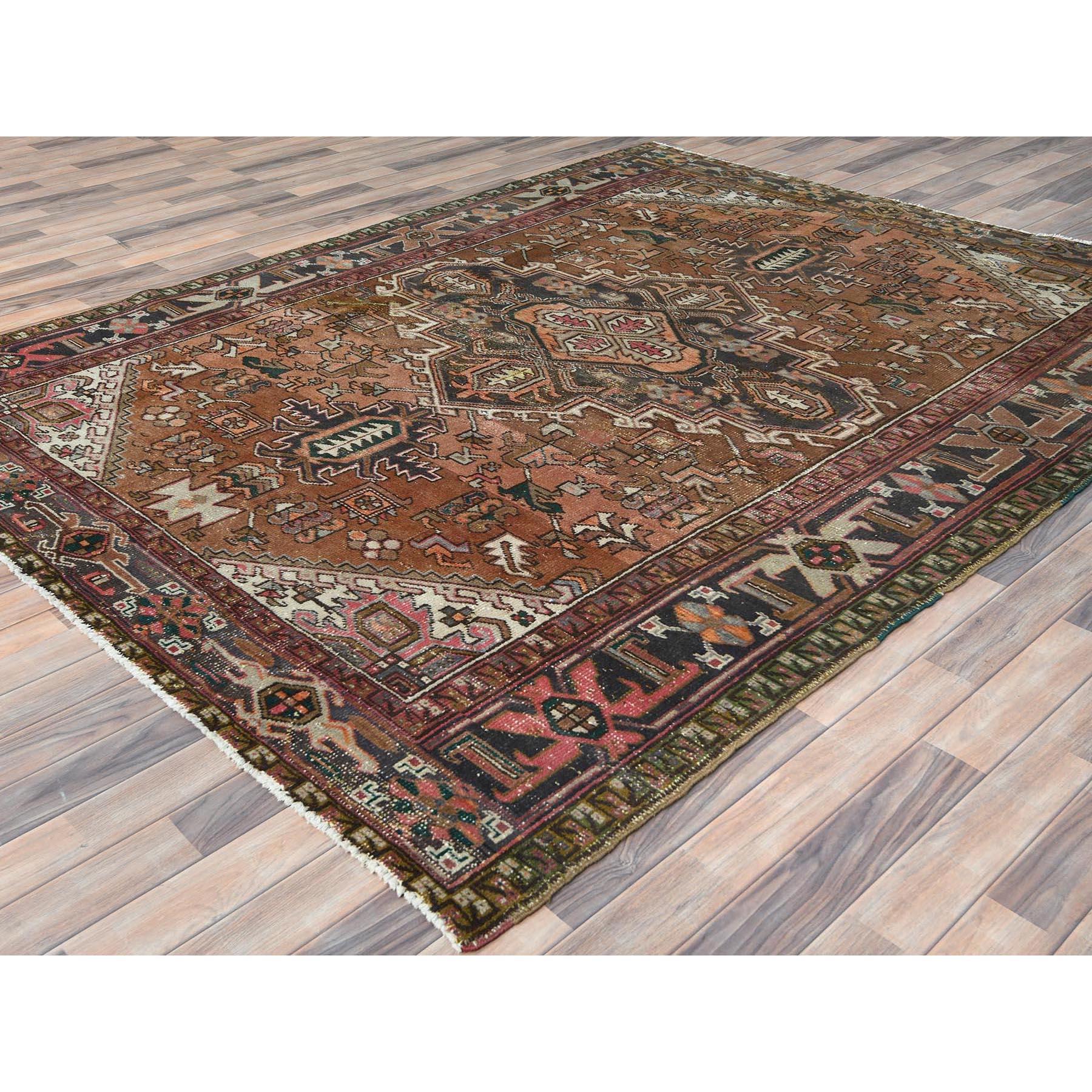 Hand-Knotted Chocolate Brown Vintage Persian Heriz Rustic Look Worn Wool Hand Knotted Rug