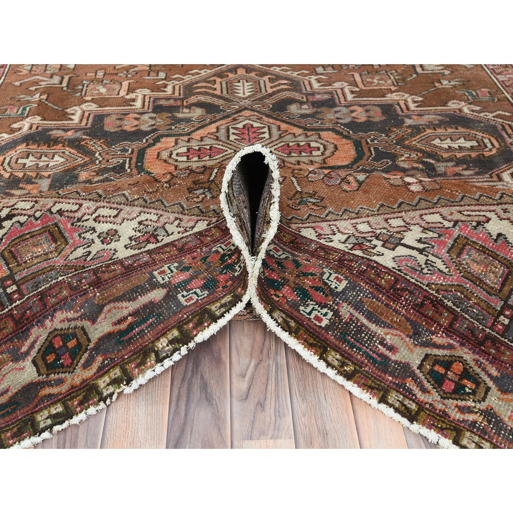 Mid-20th Century Chocolate Brown Vintage Persian Heriz Rustic Look Worn Wool Hand Knotted Rug