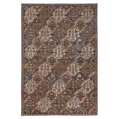 Chocolate Brown Worn Wool Hand Knotted Retro Persian Bakhtiar Distressed Rug