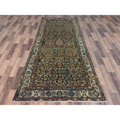 Chocolate Brown, Worn Wool Hand Knotted Vintage Persian Hamadan, Distressed Rug