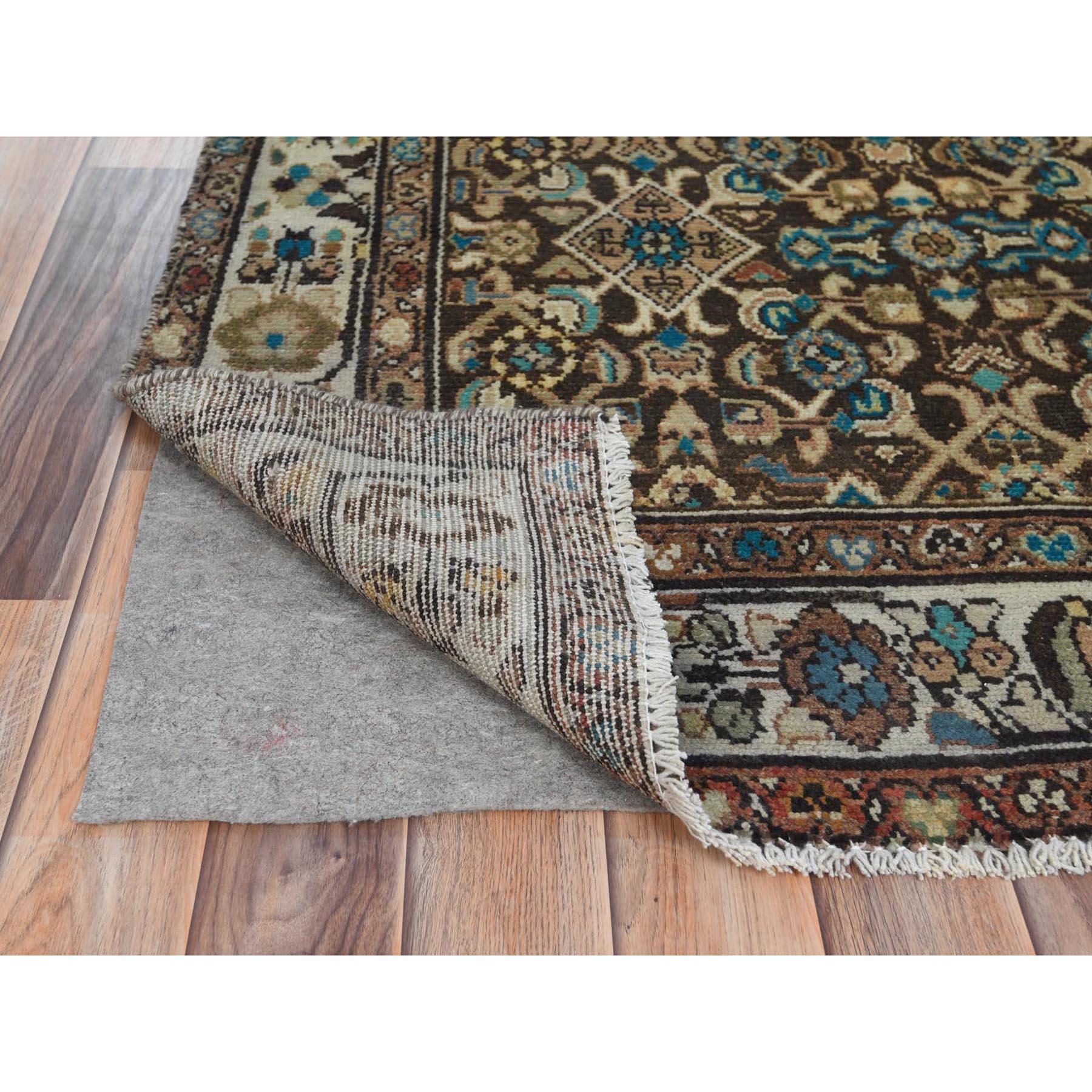 Medieval Chocolate Brown, Worn Wool Hand Knotted Vintage Persian Hamadan, Distressed Rug For Sale