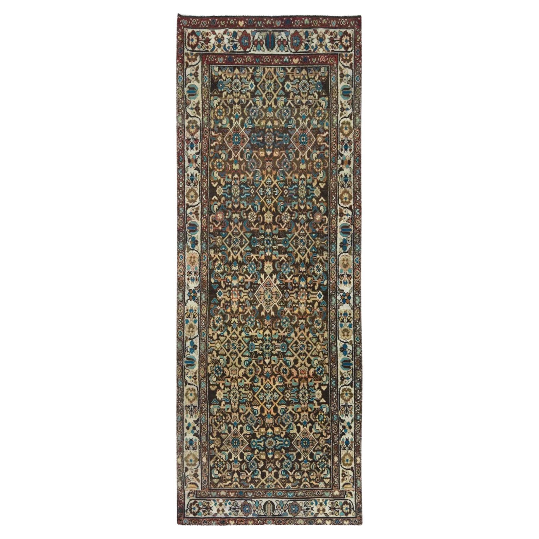Chocolate Brown, Worn Wool Hand Knotted Vintage Persian Hamadan, Distressed Rug For Sale