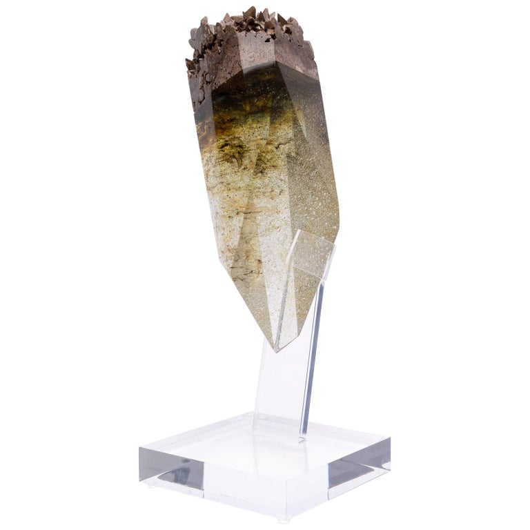 Chocolate Calcite and Glass Sculpture from TYME Collection on Acrylic Base For Sale