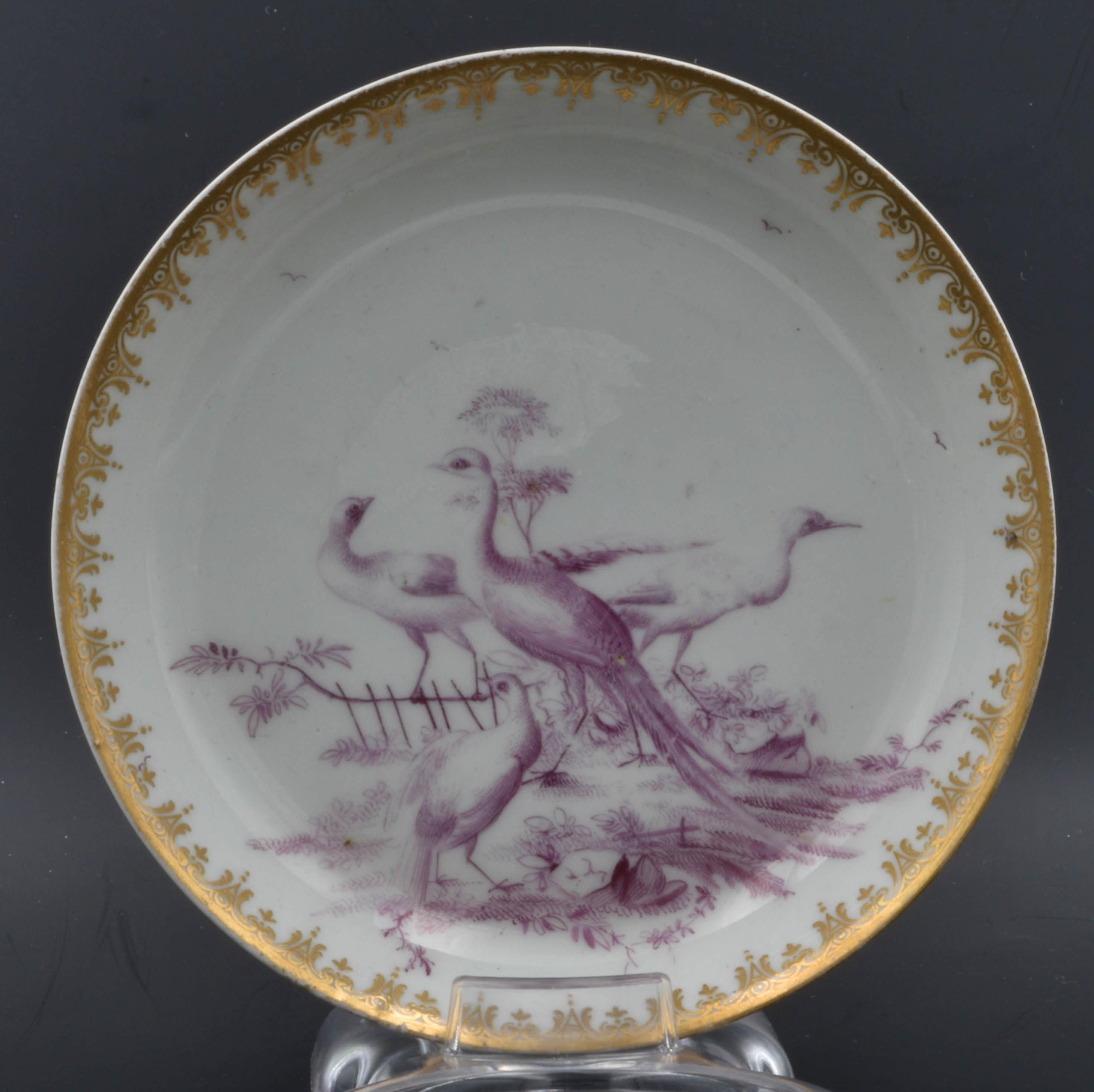Neoclassical Chocolate Cup, Finely Painted with Puce Birds, Chelsea C1765 For Sale