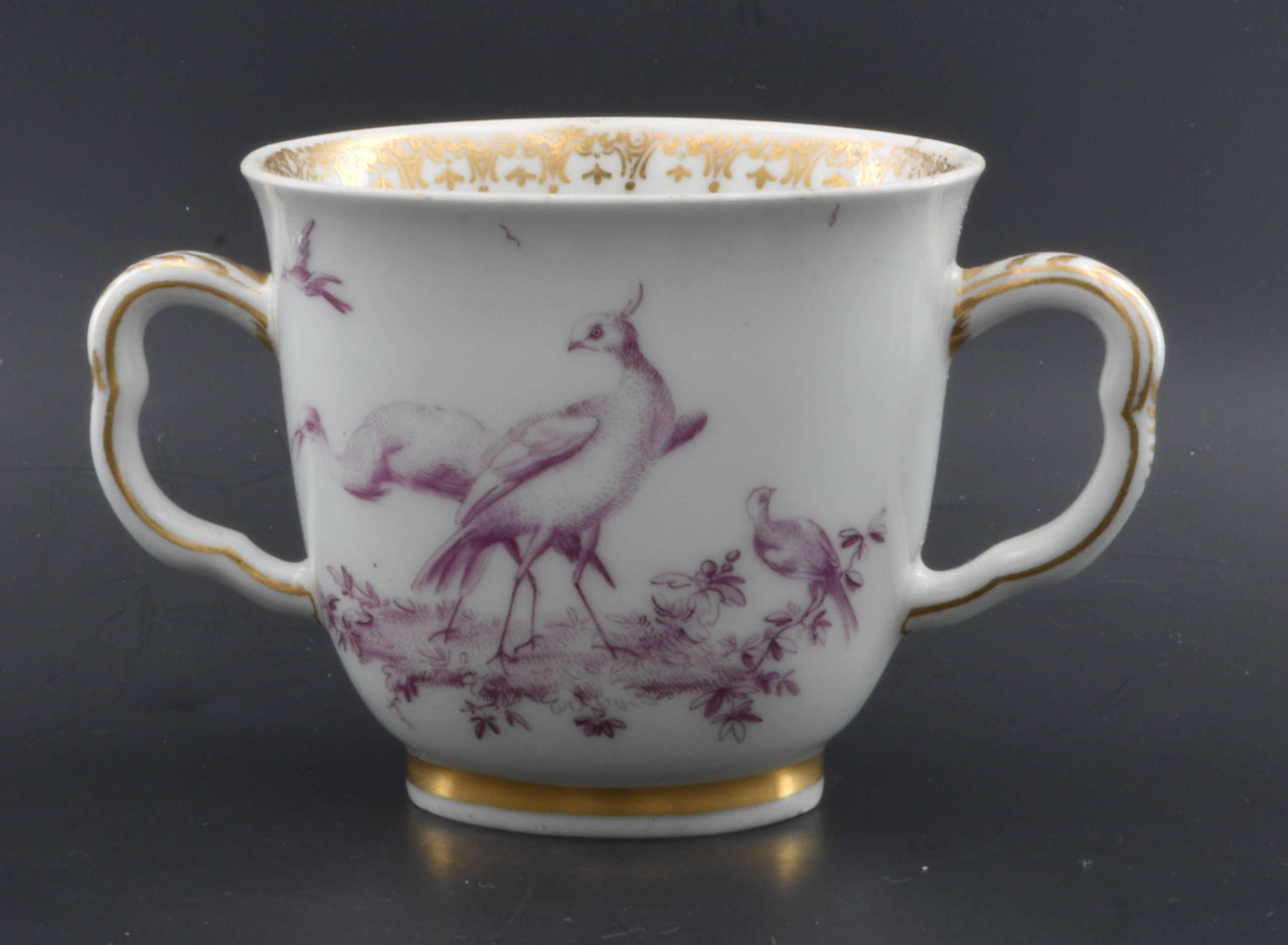 Molded Chocolate Cup, Finely Painted with Puce Birds, Chelsea C1765 For Sale