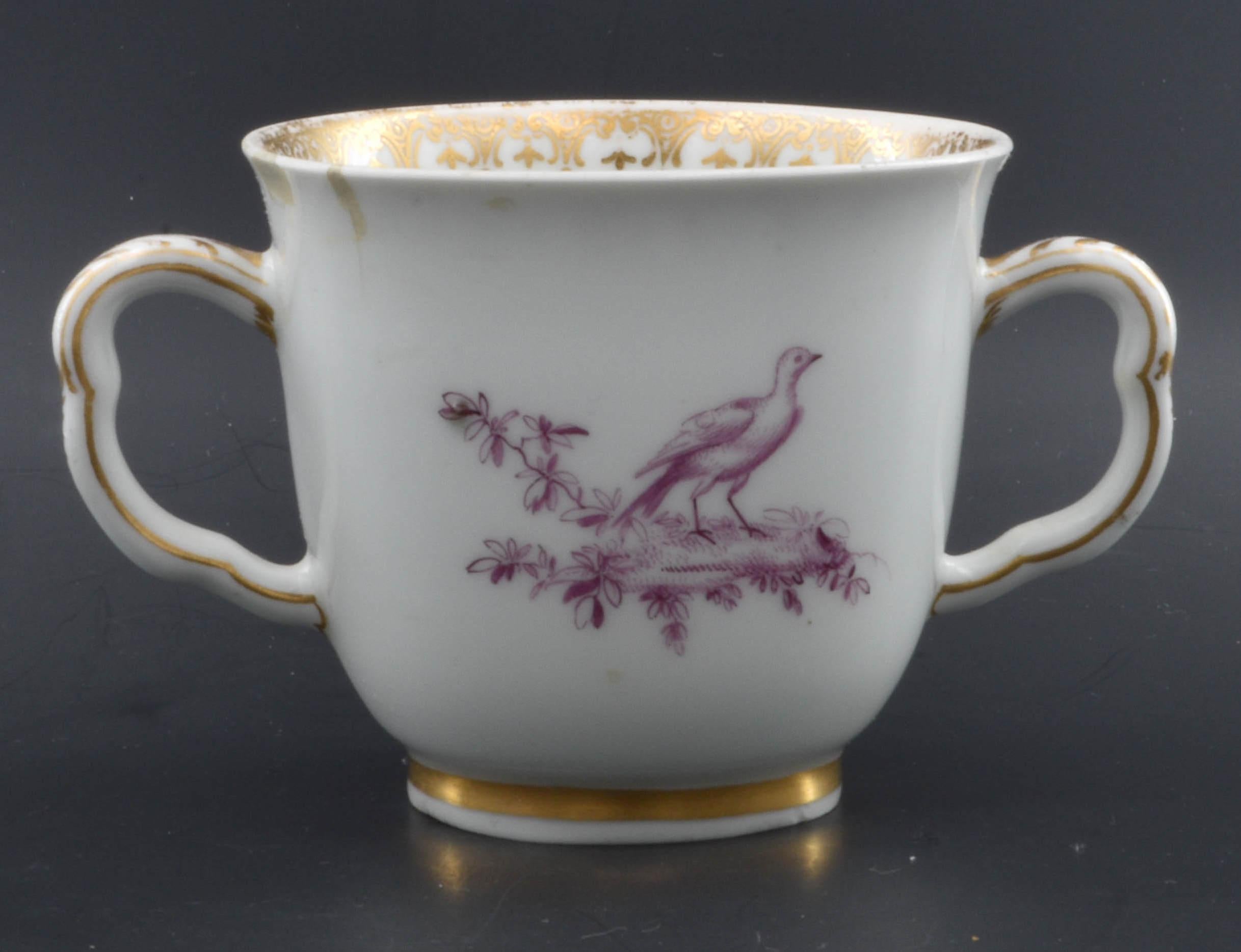 Chocolate Cup, Finely Painted with Puce Birds, Chelsea C1765 In Fair Condition For Sale In Melbourne, Victoria