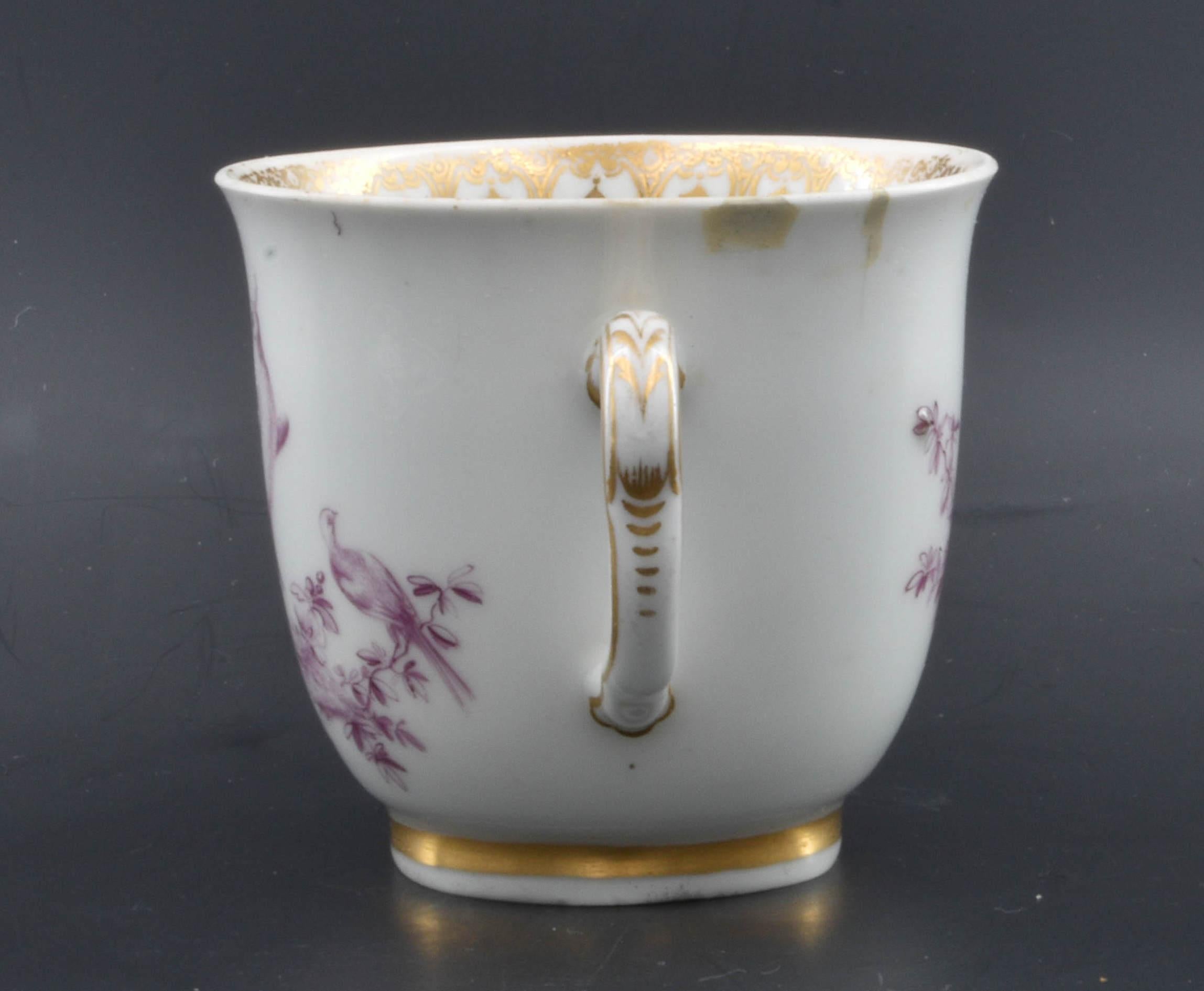 18th Century Chocolate Cup, Finely Painted with Puce Birds, Chelsea C1765 For Sale