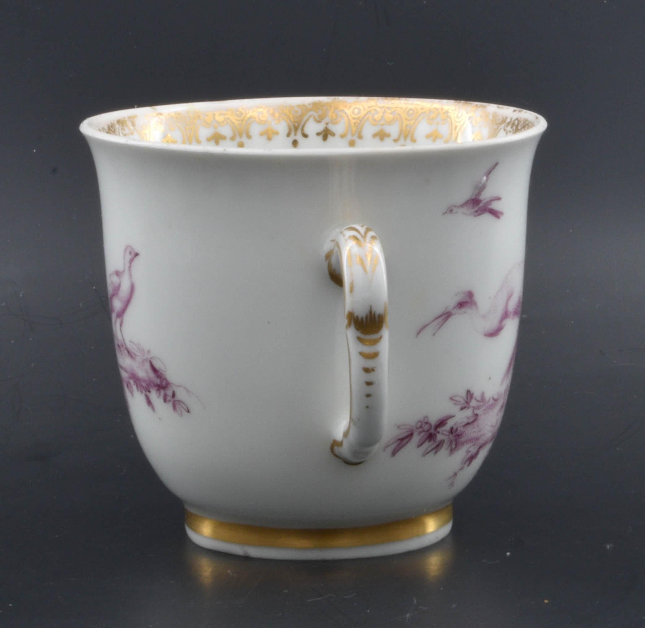 Porcelain Chocolate Cup, Finely Painted with Puce Birds, Chelsea C1765 For Sale