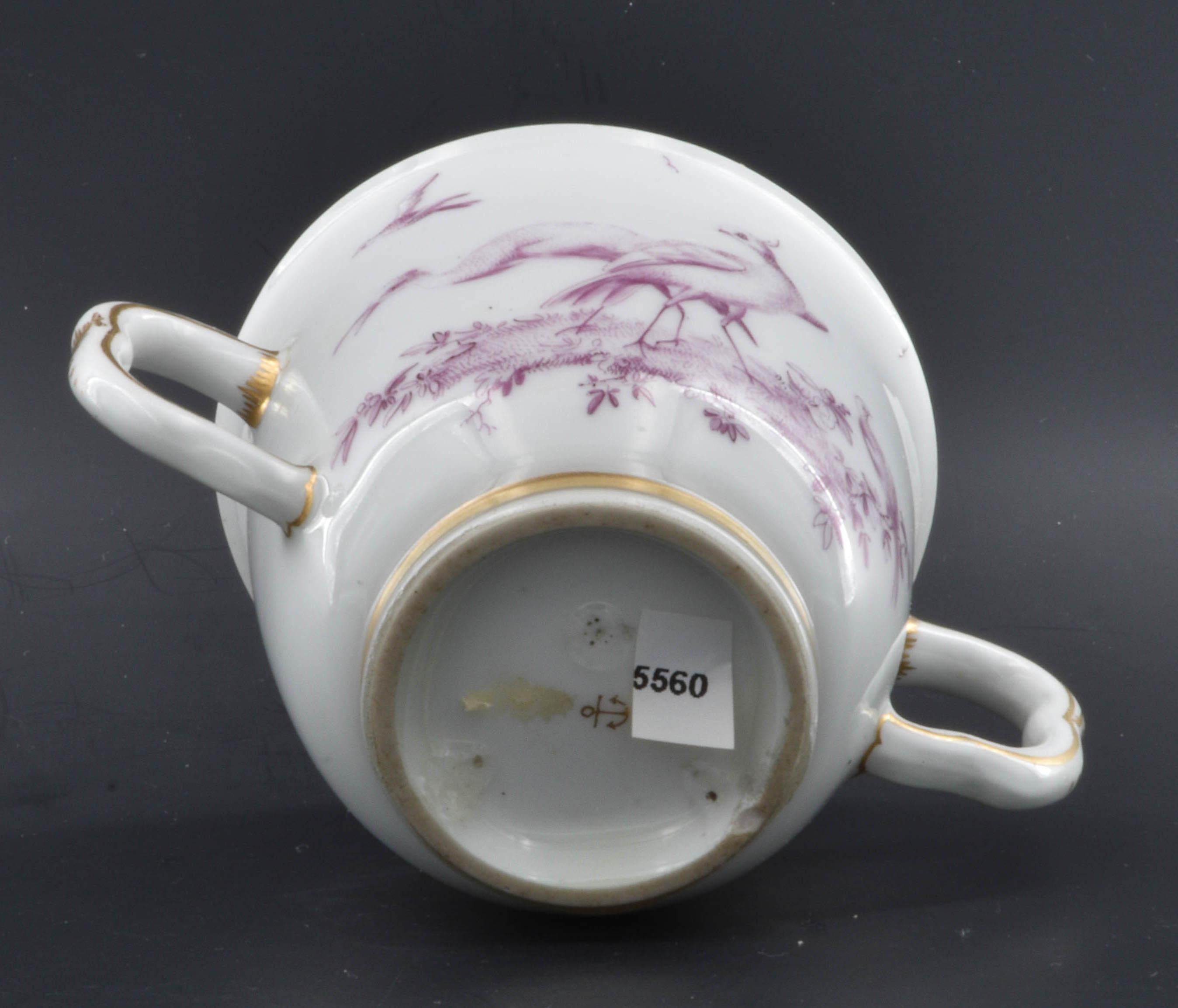 Chocolate Cup, Finely Painted with Puce Birds, Chelsea C1765 For Sale 1