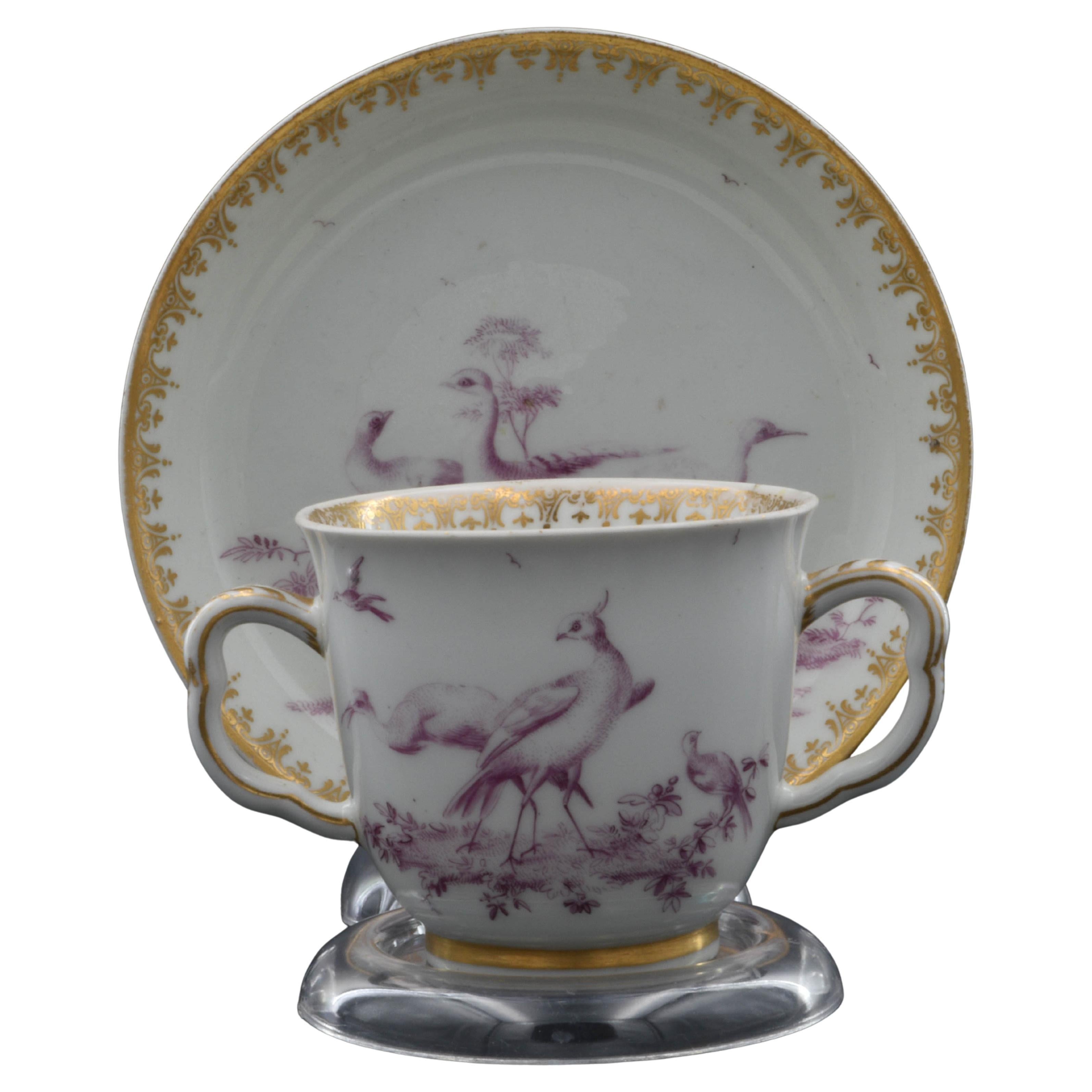 Chocolate Cup, Finely Painted with Puce Birds, Chelsea C1765 For Sale