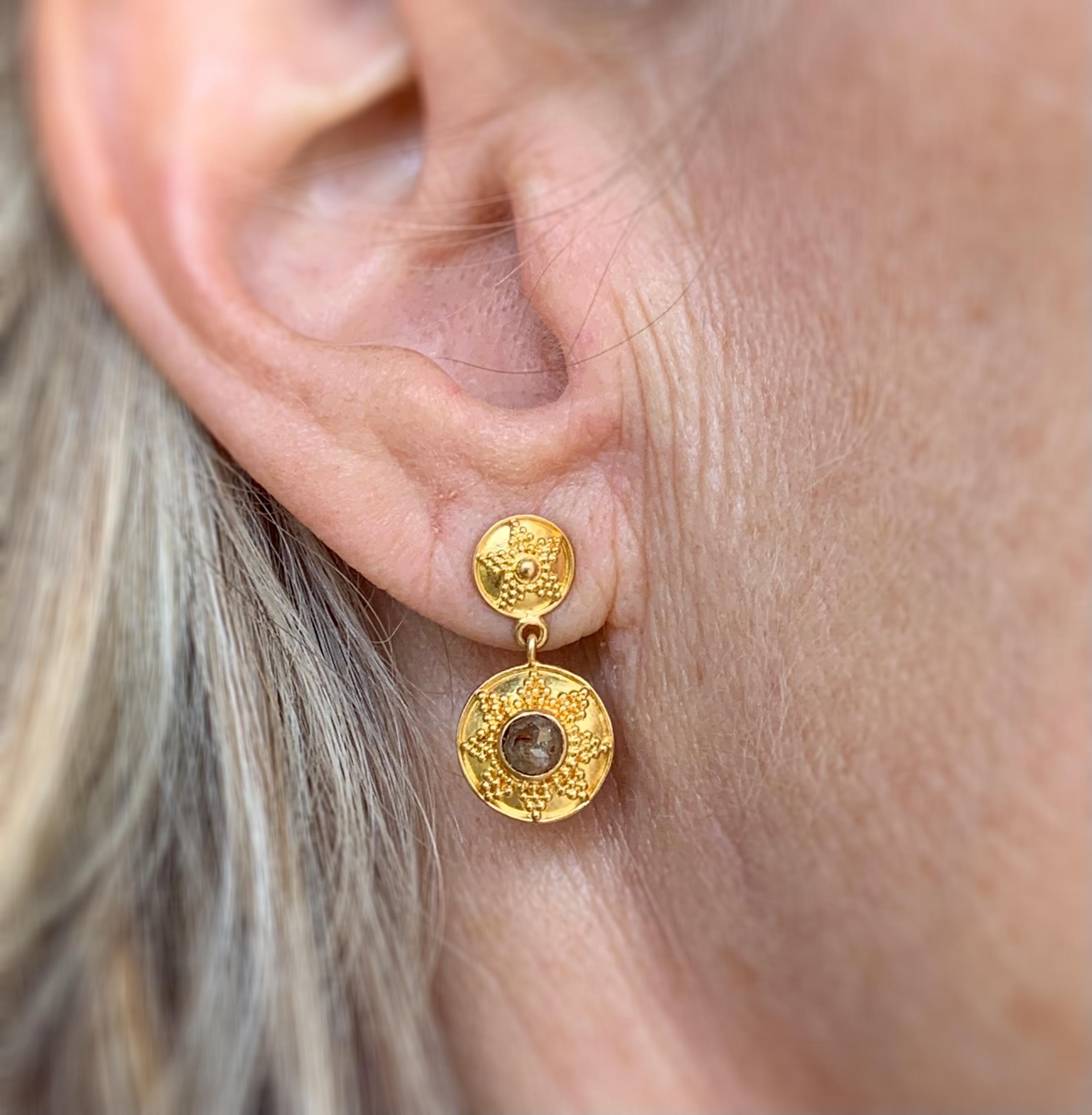 Byzantine Chocolate Diamond 1.1 Carat and 22 Karat Gold Granulated Style Post Earrings For Sale