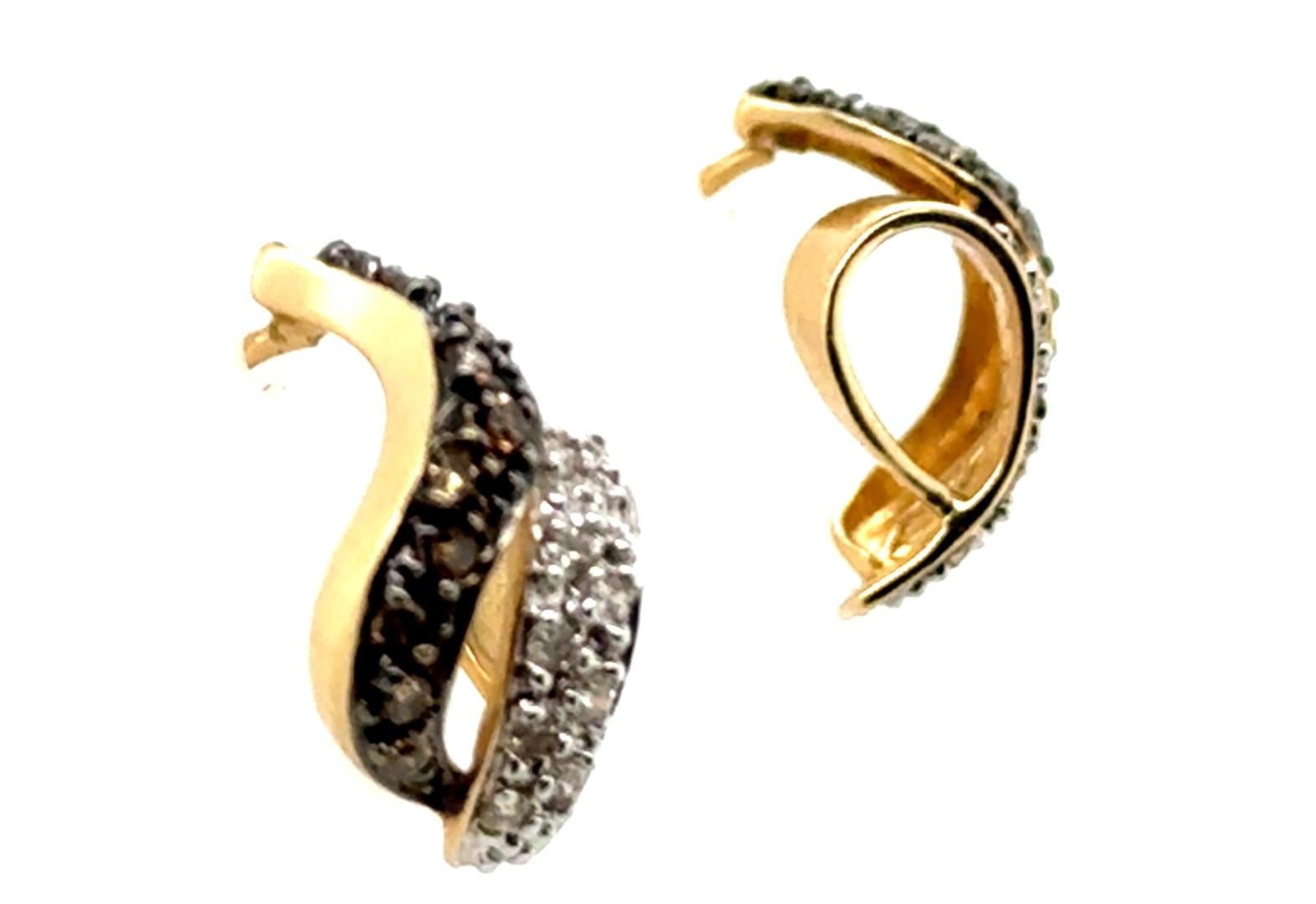 Round Cut Chocolate Diamond Ribbon Earrings Pushback .50ct 14K Yellow Gold