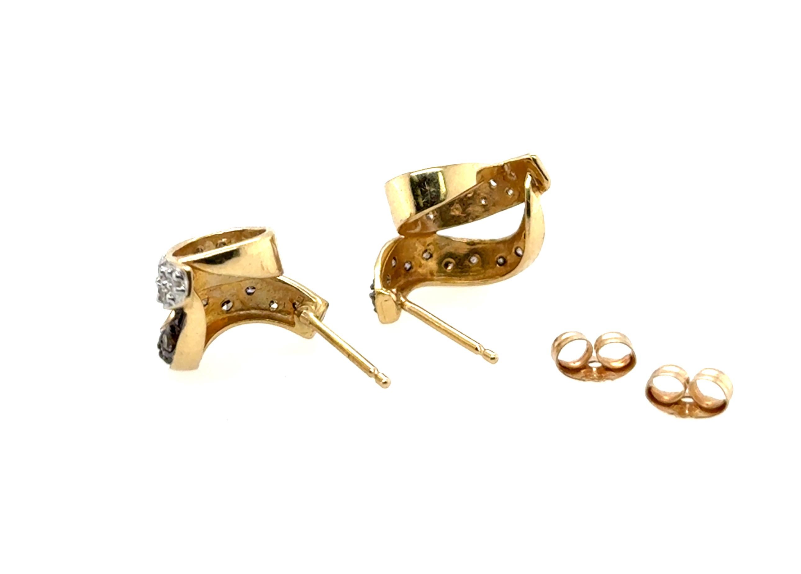 Chocolate Diamond Ribbon Earrings Pushback .50ct 14K Yellow Gold In Excellent Condition In Dearborn, MI