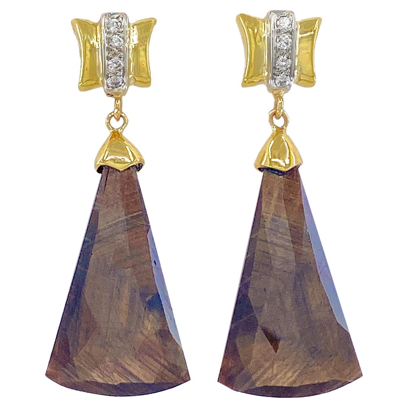 "Chocolate Drop" Brown Sapphire Slice Earrings in 18 Karat Gold with Diamonds For Sale