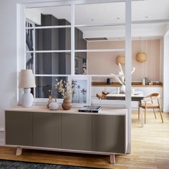 Chocolate Gray 4-Door Handcrafted Wooden Low Sideboard, Design Eric Gizard Paris