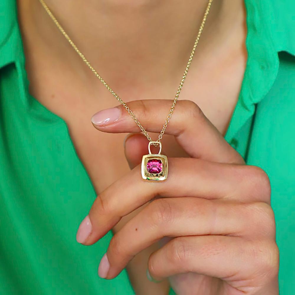 Contemporary Chocolate Inspired 18ct Yellow Gold Pink Tourmaline Pendant For Sale