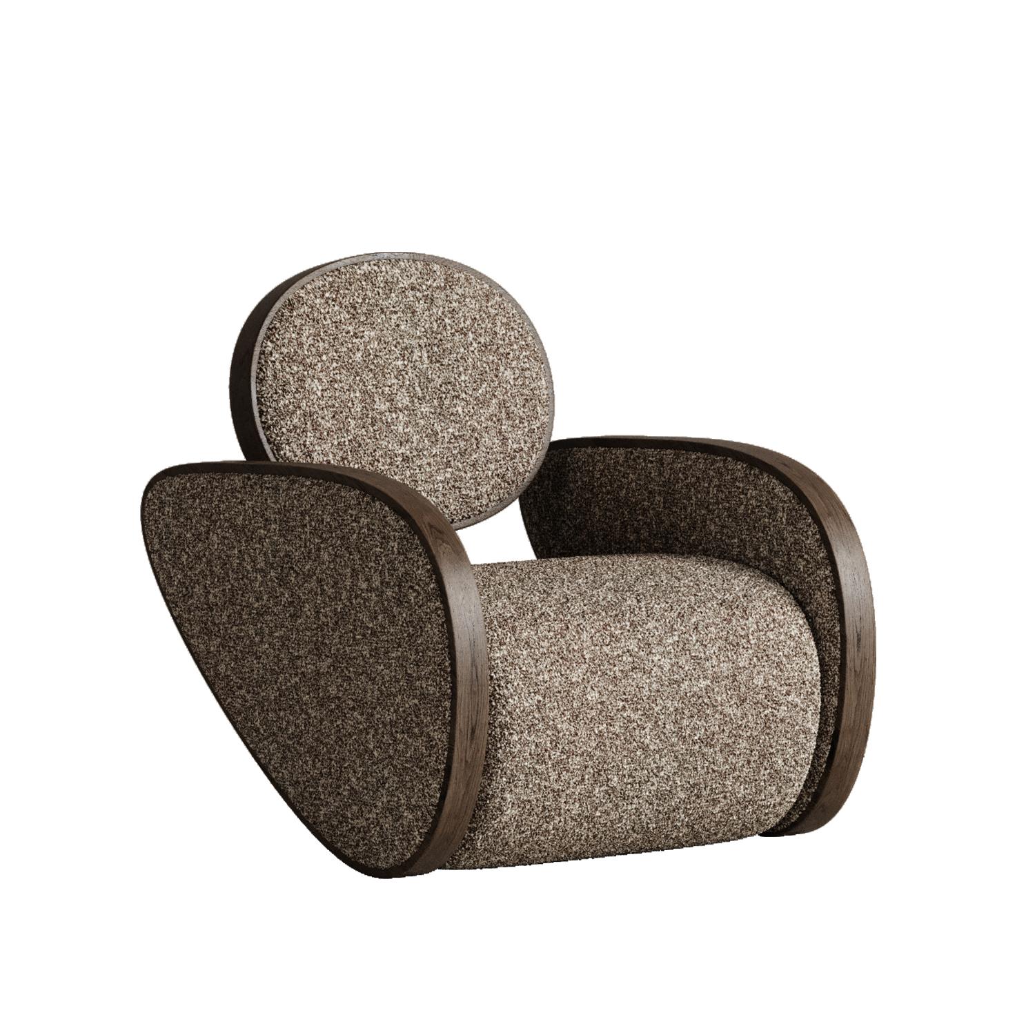 Nautilus-Stuhl in Schokolade von Plyus Design
Abmessungen: T 100 x B 80 x H 86 cm
MATERIALIEN:  Holz, HR-Schaum, Polyesterwatte, Stoffpolsterung.

Stuhl 