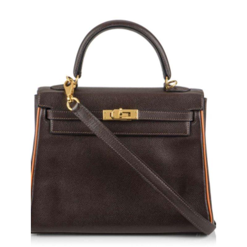 Hermes Chocolate & Orange H Epsom Kelly Retourne 25 GHW HSS 
 
 - A Special Order bi-colour kelly 25
 - Crafted in chocolate brown Epsom leather with orange chevre piping and lining
 - Retourne style, this is a more relaxed feel however the epsom