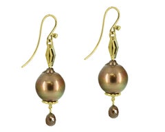 Chocolate Pearl and Diamond Dangle Earrings. 18 Karat Yellow Gold