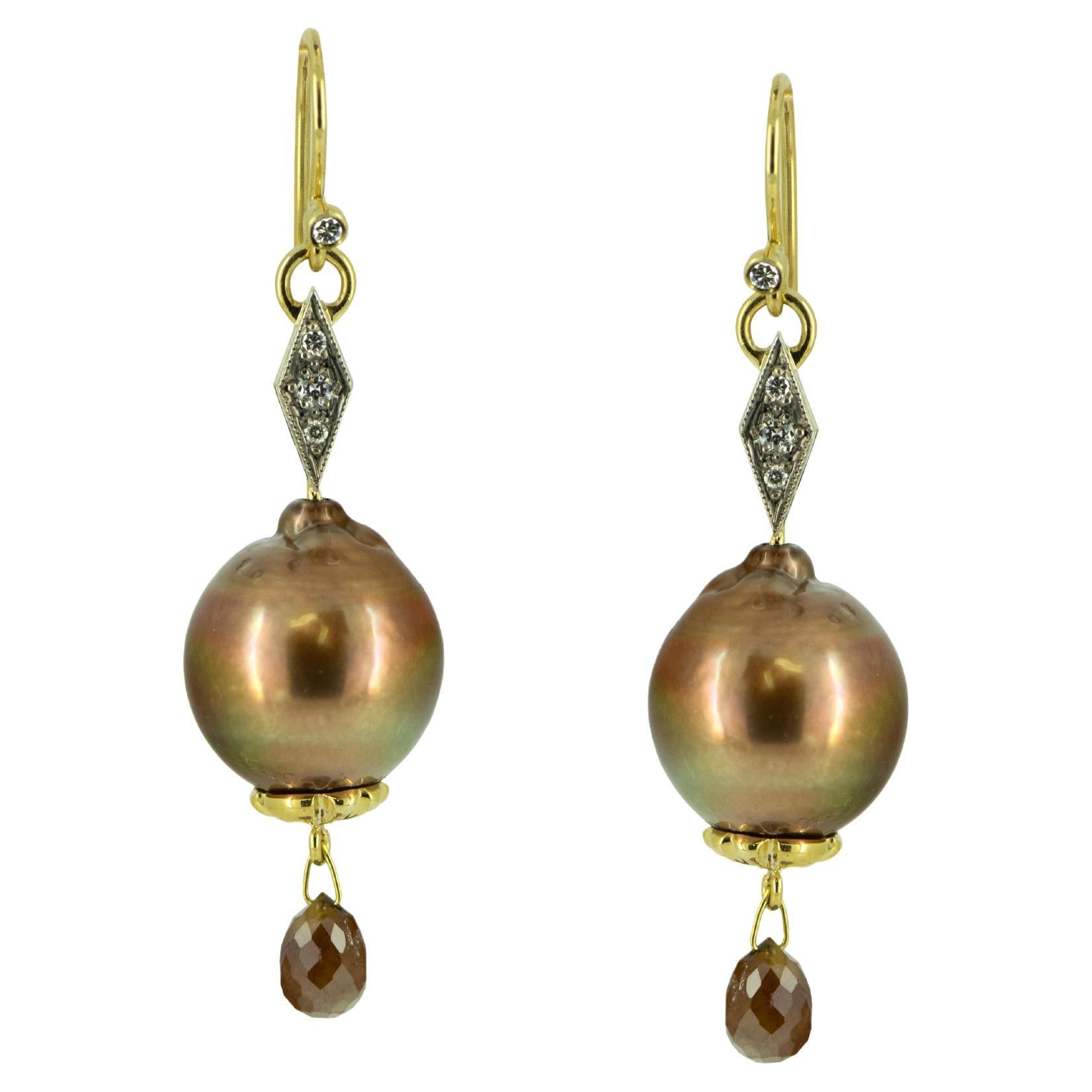 Chocolate Pearl and Diamond Dangle Earrings. 18 Karat Yellow Gold For Sale