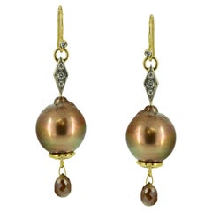 Chocolate Pearl and Diamond Dangle Earrings. 18 Karat Yellow Gold