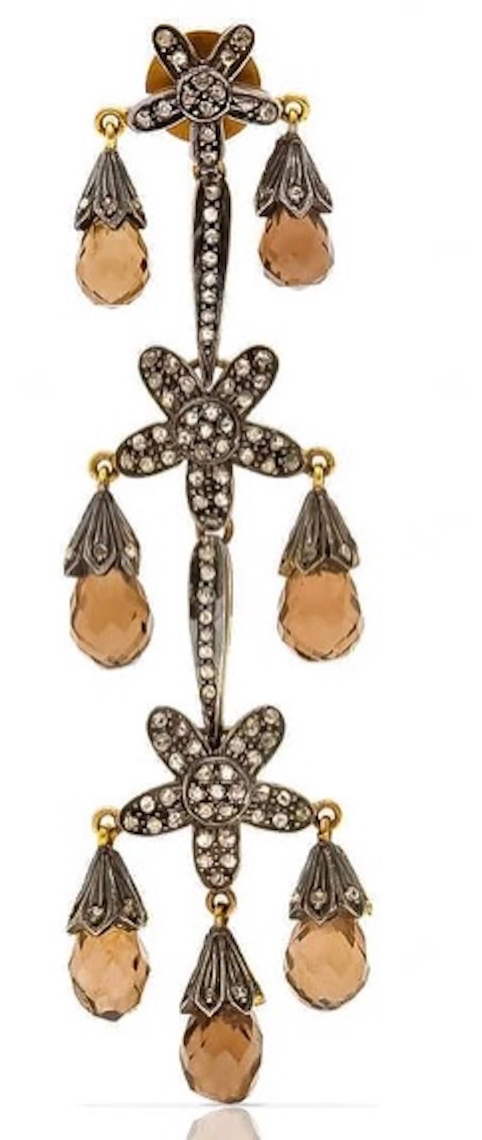 Chocolate Quartz Diamond Chandelier Earrings In New Condition For Sale In Los Angeles, CA