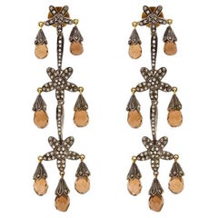 Boucles d'oreilles chandelier quartz chocolat et diamant