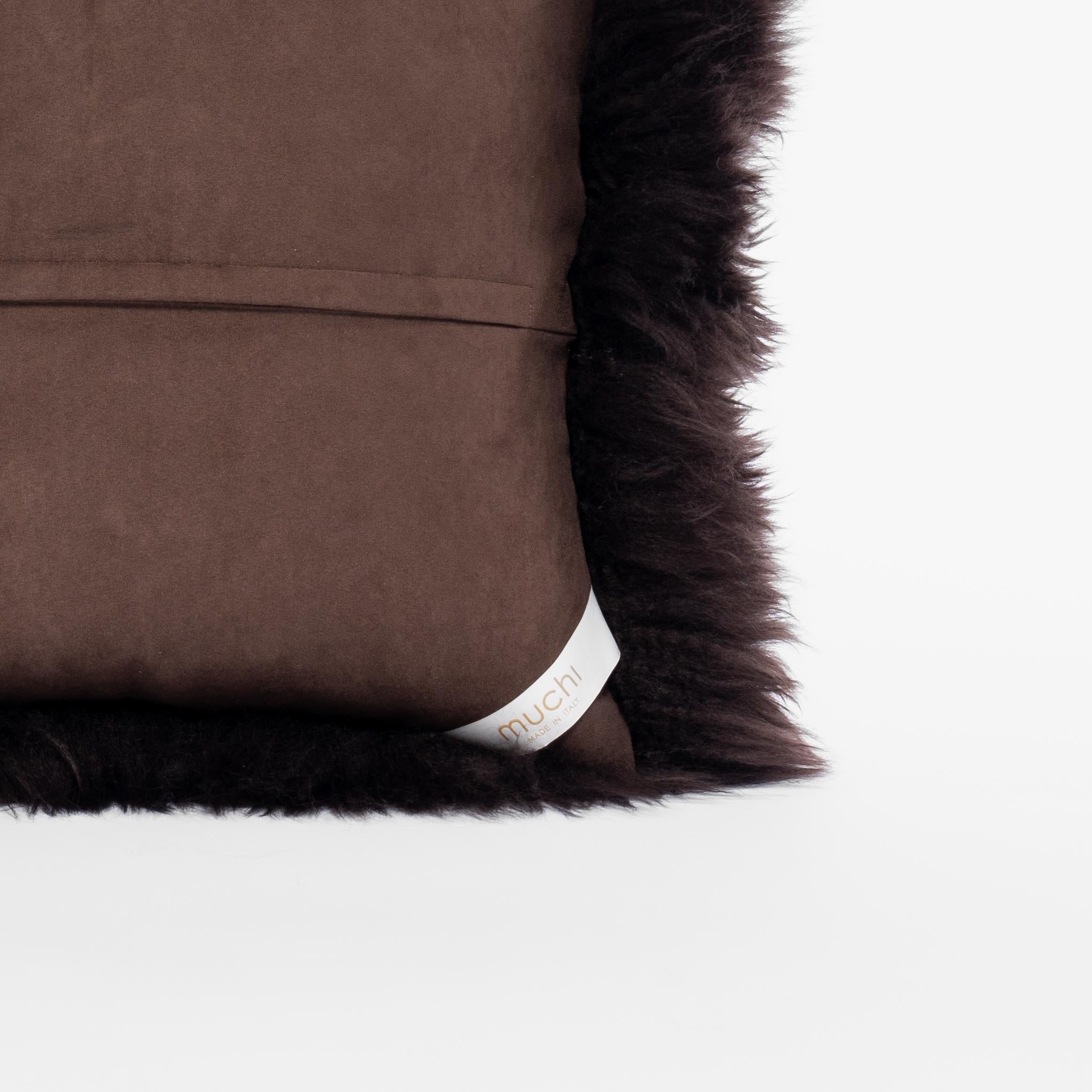 Italian Shearling Sheepskin Dark Brown Cushion by Muchi Decor, Made in Italy For Sale