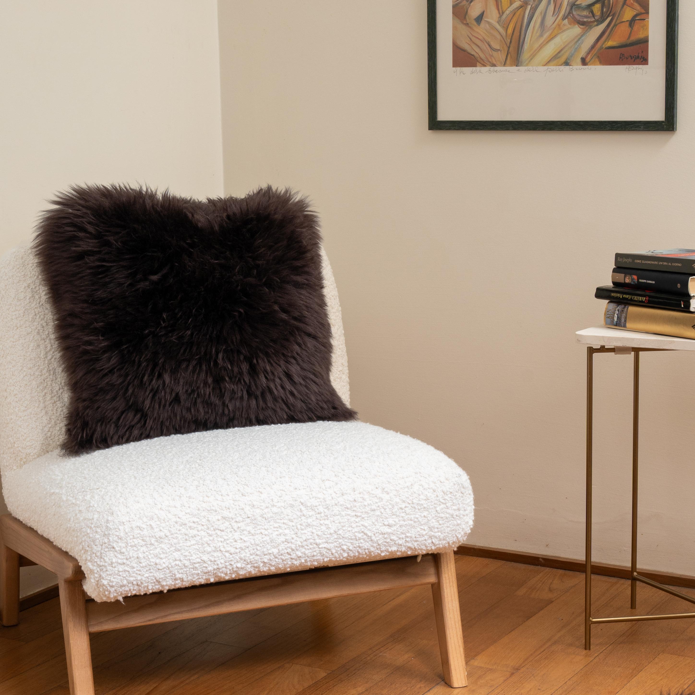 Hand-Crafted Shearling Sheepskin Dark Brown Cushion by Muchi Decor, Made in Italy For Sale
