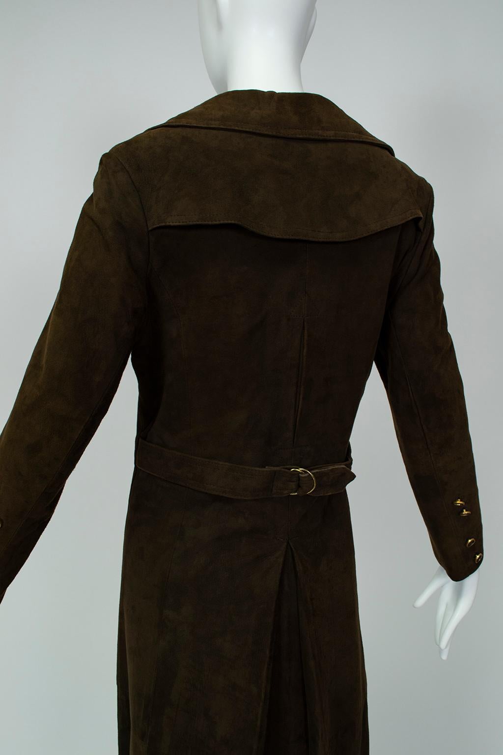 Black Chocolate Brown Suede Full-Length Military Princess Trench Coat - S-M, 1970s For Sale