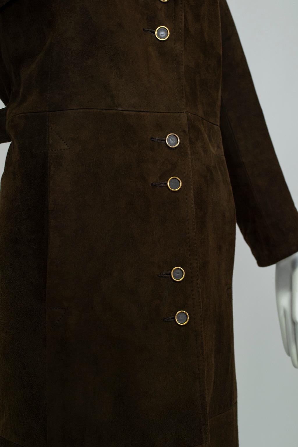 Chocolate Brown Suede Full-Length Military Princess Trench Coat - S-M, 1970s In Excellent Condition For Sale In Tucson, AZ