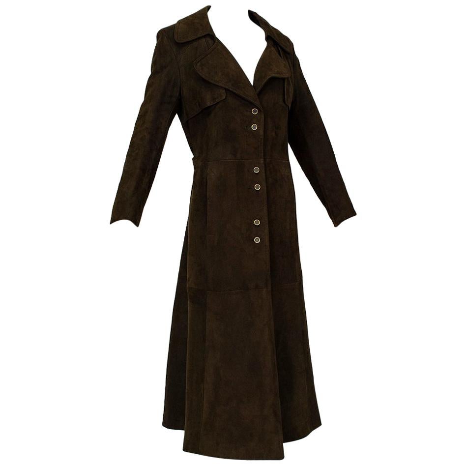 Chocolate Brown Suede Full-Length Military Princess Trench Coat - S-M, 1970s For Sale