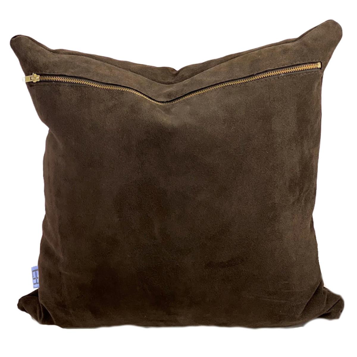 

Delicious Chocolate brown, Spanish leather suede pillows, individually handcrafted in Australia, by leather artisans.
Each brown leather pillow comes with a single front and back leather panel with a decorative brass metal back zipper, and is